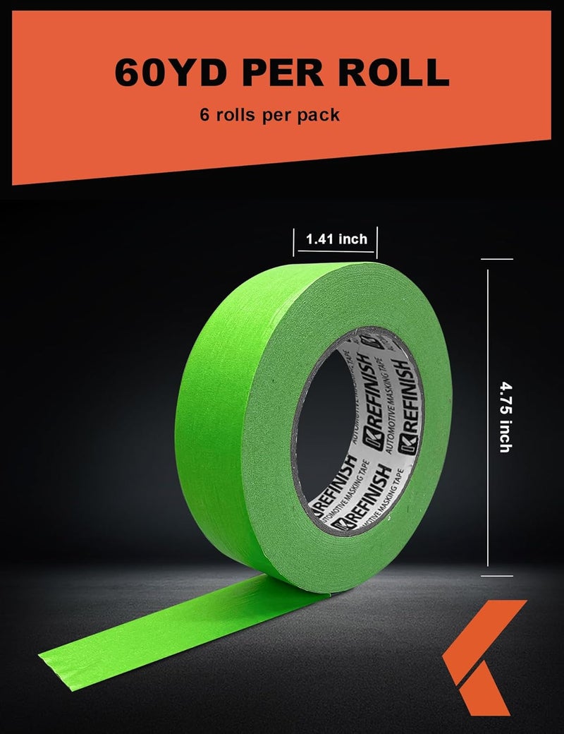 KREFINISH Painters Tape - Green No Residue Automotive Masking Tape, Heat Resistant for Paint Booth, 1.41 Inches x 60 Yards, 6 Rolls - Image 2